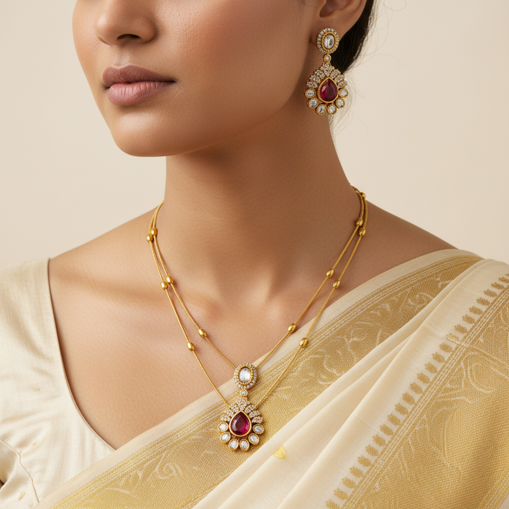 Woman wearing gold jewelry with red gemstones on a beige background