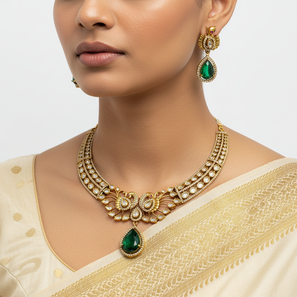 Woman wearing a gold necklace and earrings with green gemstones on a plain background