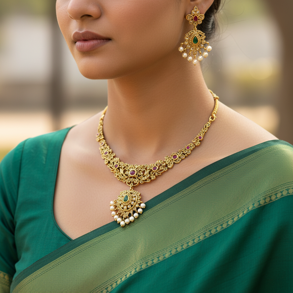 Woman wearing a gold necklace and earrings with a green saree.