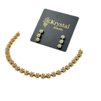 Gold necklace and earrings set on a Krystal Jewels card