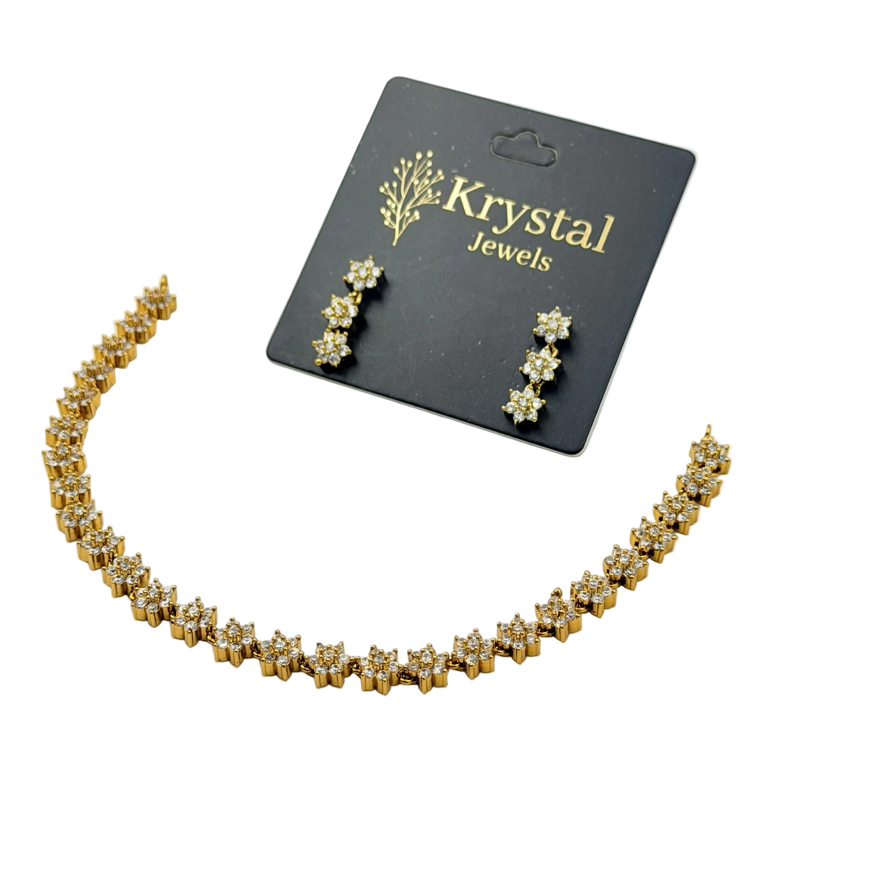 Gold necklace and earrings set on a Krystal Jewels card