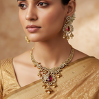 Woman wearing a gold necklace and earrings with a beige saree against a neutral background