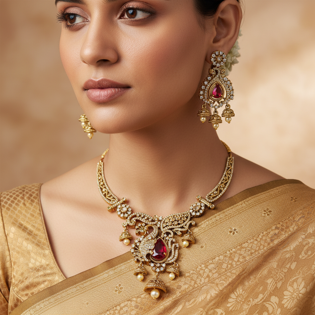 Woman wearing a gold necklace and earrings with a beige saree against a neutral background