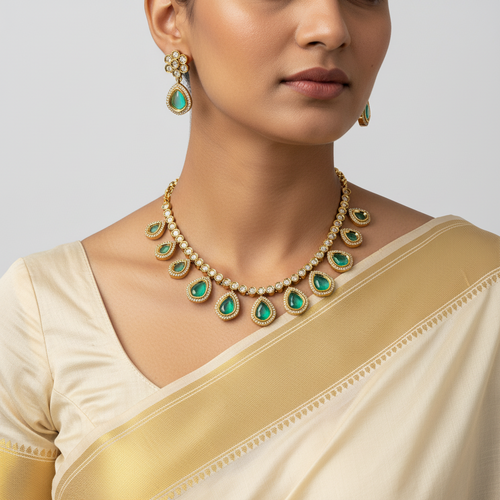Woman wearing a gold and green necklace with earrings on a plain background