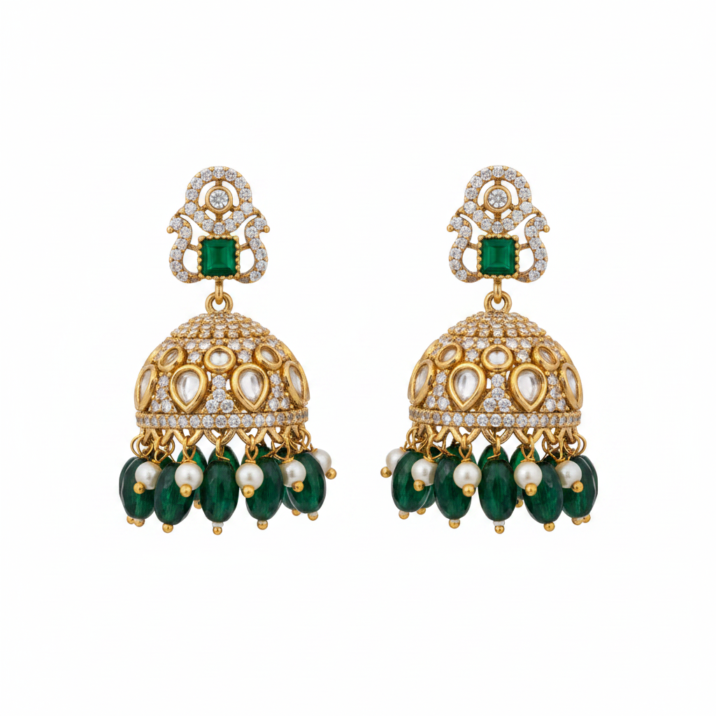 Emerald Beaded Temple Jhumka Earrings