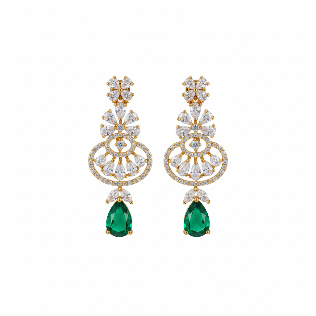 Emerald Drop Floral Halo Statement Earrings