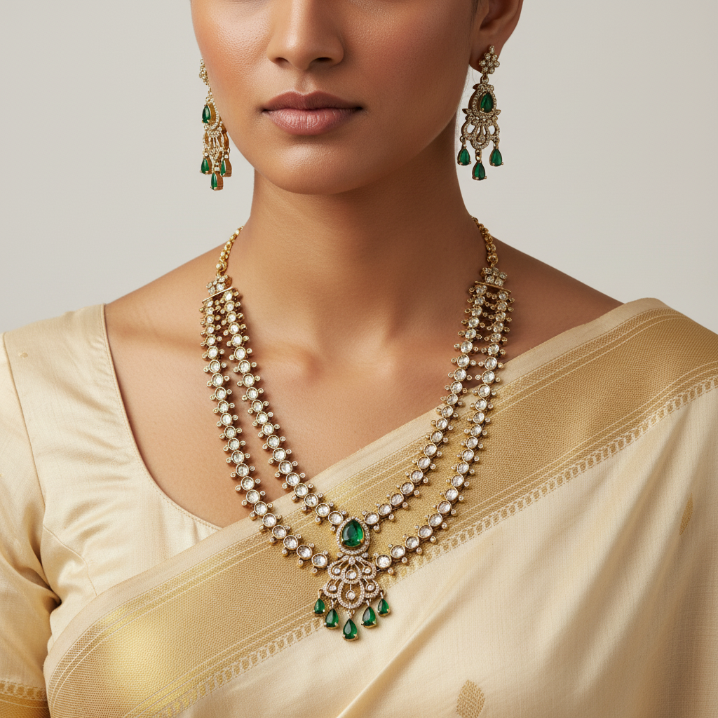 Woman wearing a traditional necklace and earrings with a plain background