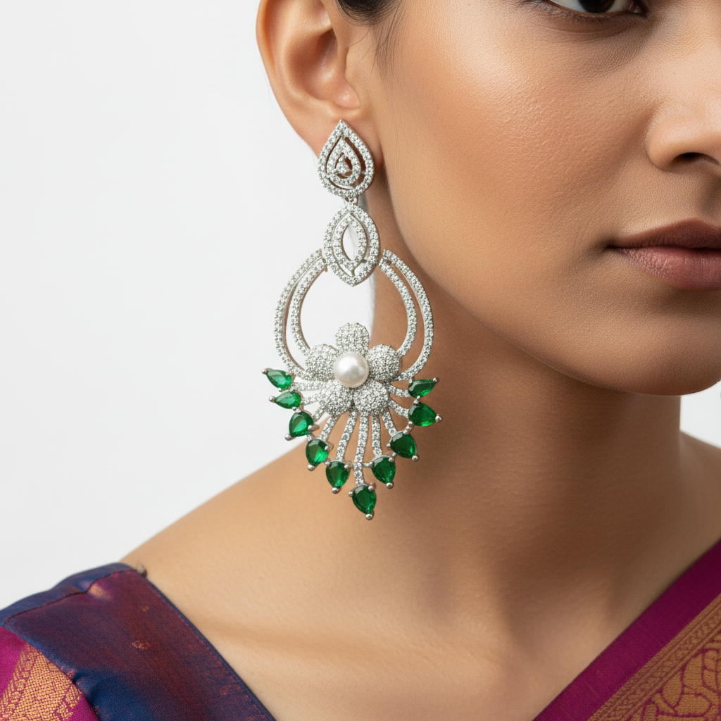 Close-up of a woman wearing a pair of ornate earrings with green gemstones on a neutral background.