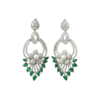 Silver-tone floral drop earrings with pearl center and emerald-green stone fringe, flat-lay pair on white background