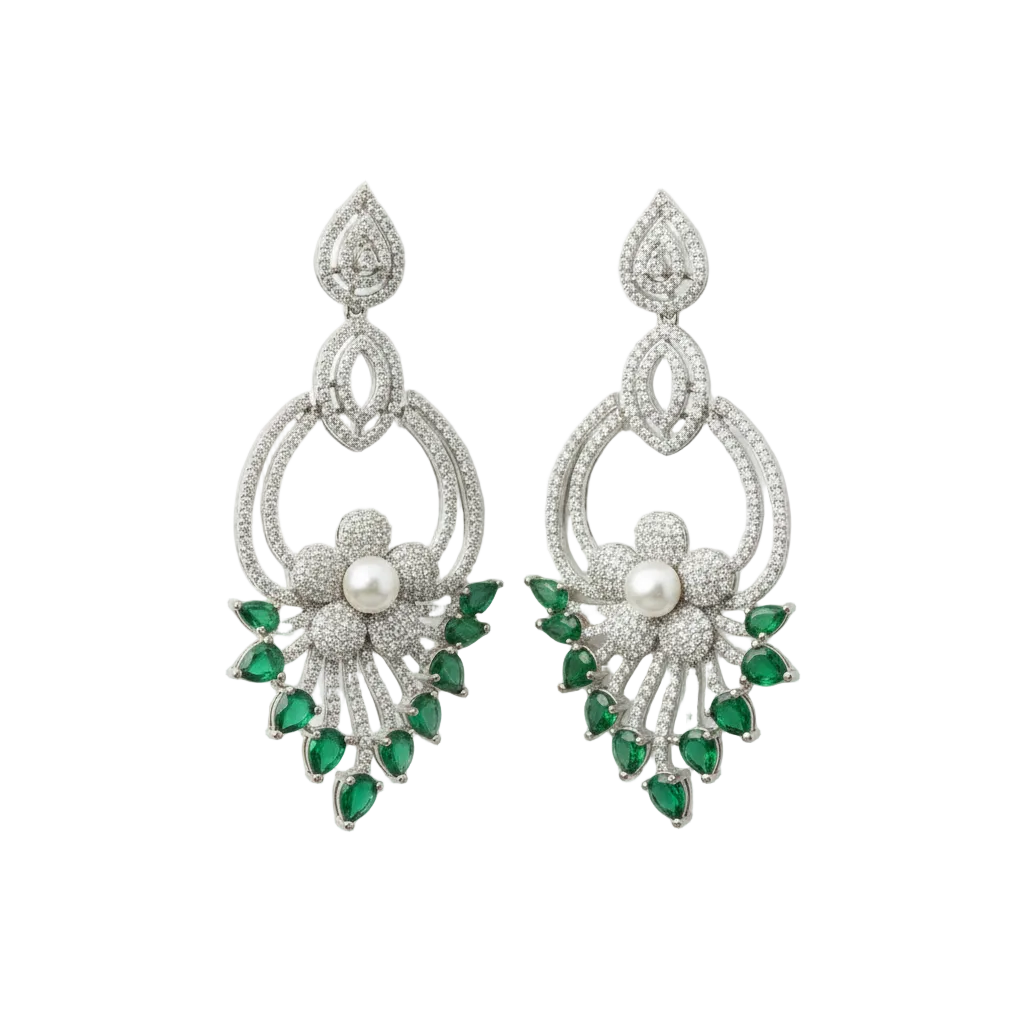 Emerald Pearl Floral Drop Earrings
