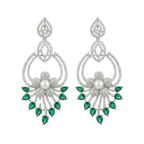 Silver-tone floral drop earrings with pearl center and emerald-green stone fringe, flat-lay pair on dark background