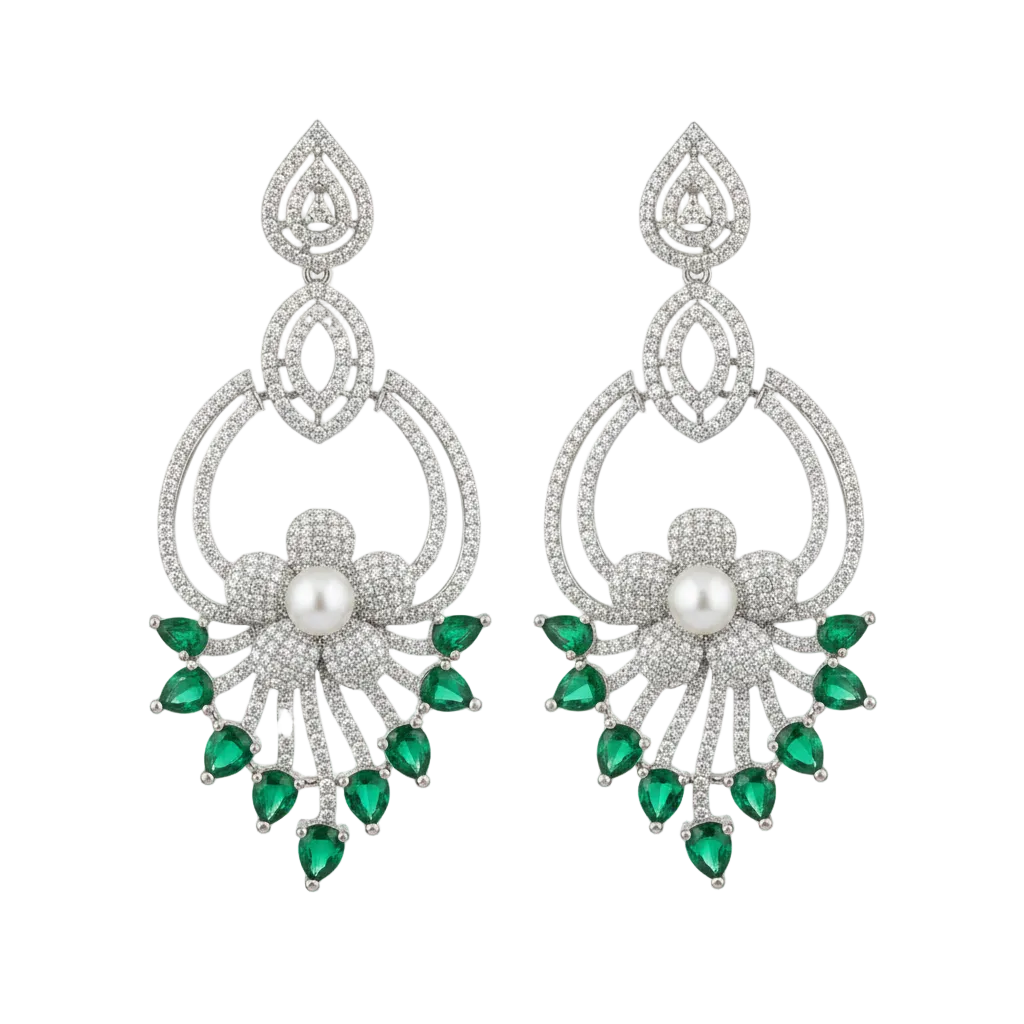 Emerald Pearl Floral Drop Earrings