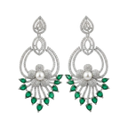 Silver-tone floral drop earrings with pearl center and emerald-green stone fringe, flat-lay pair on dark background