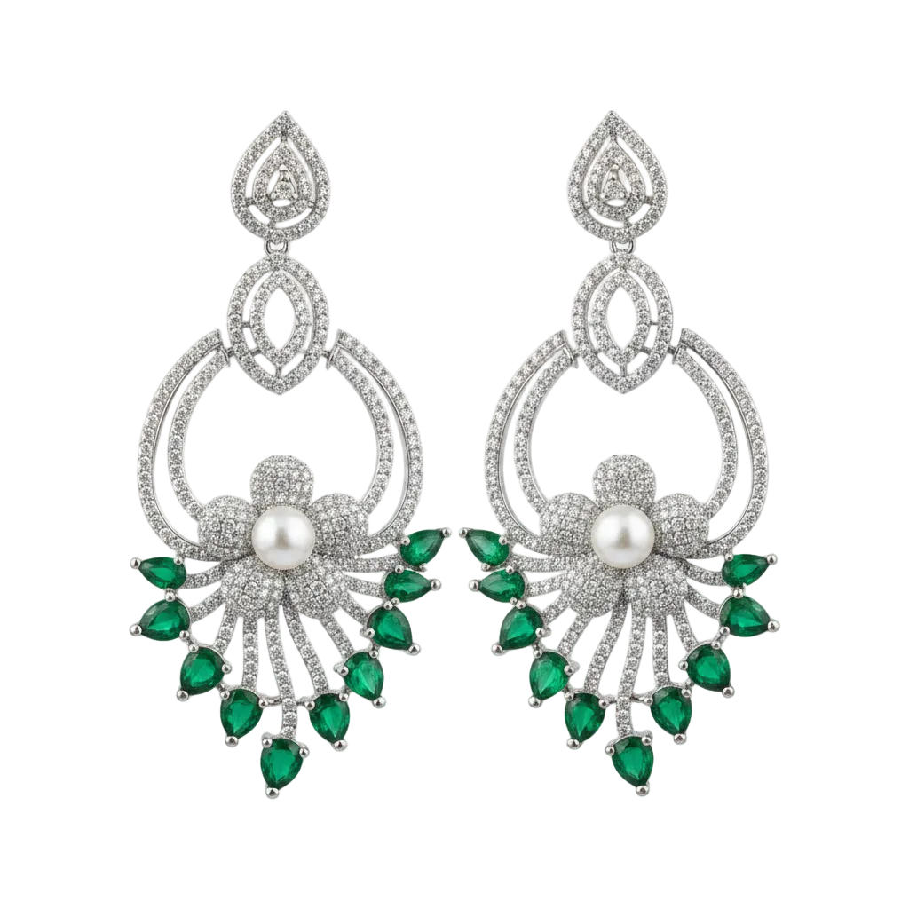 Emerald Pearl Floral Drop Earrings