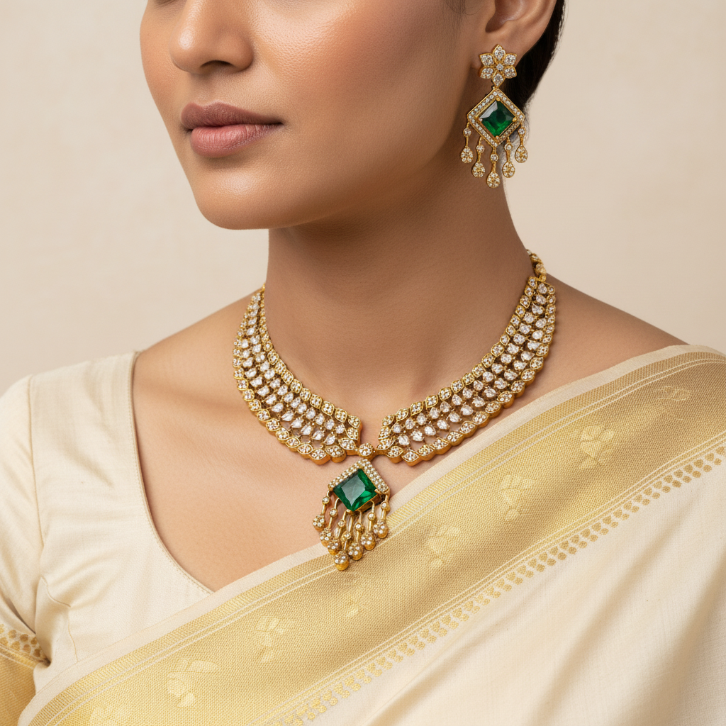 Woman wearing a gold necklace and earrings with green gemstones on a beige background