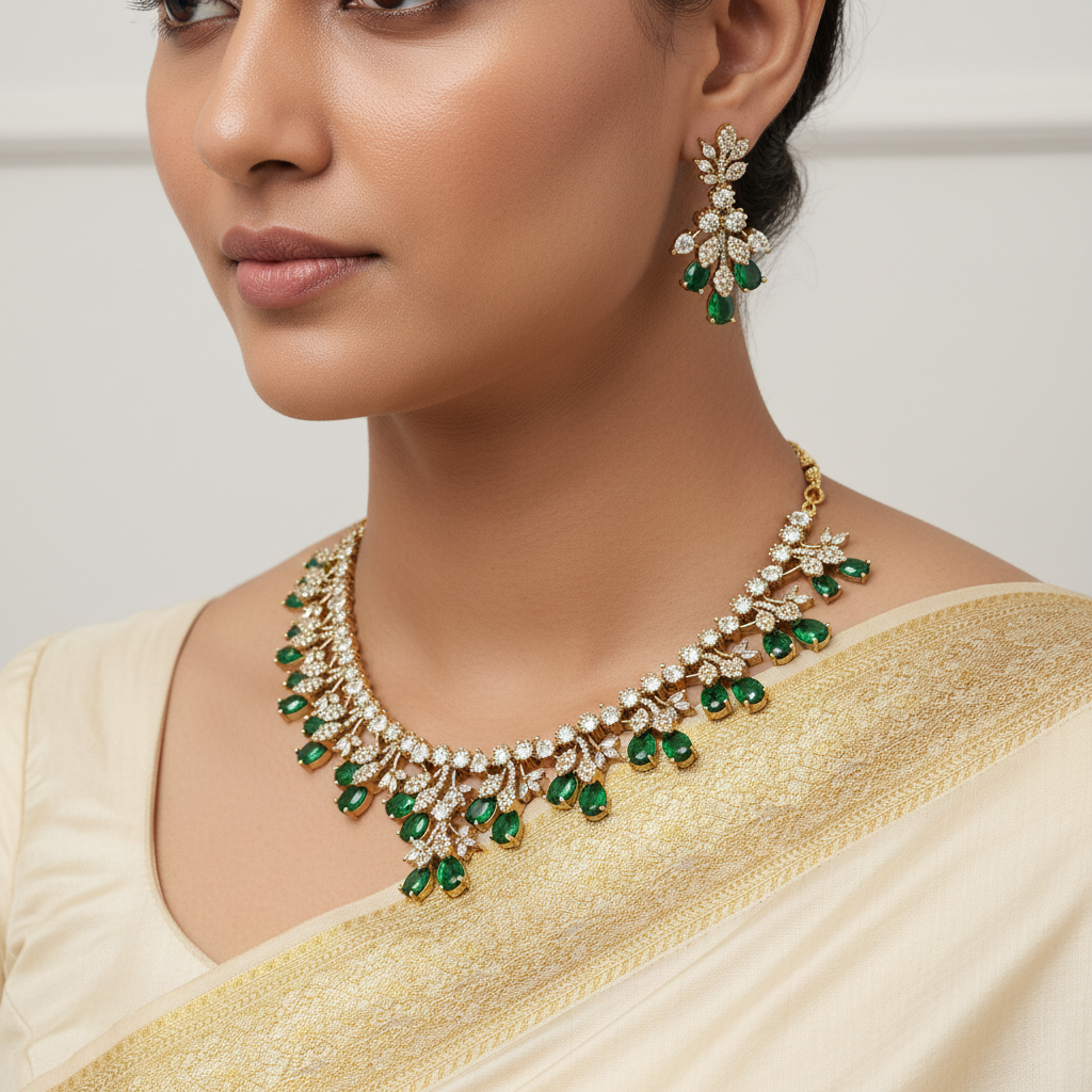 Woman wearing a gold necklace with green gemstones and matching earrings.