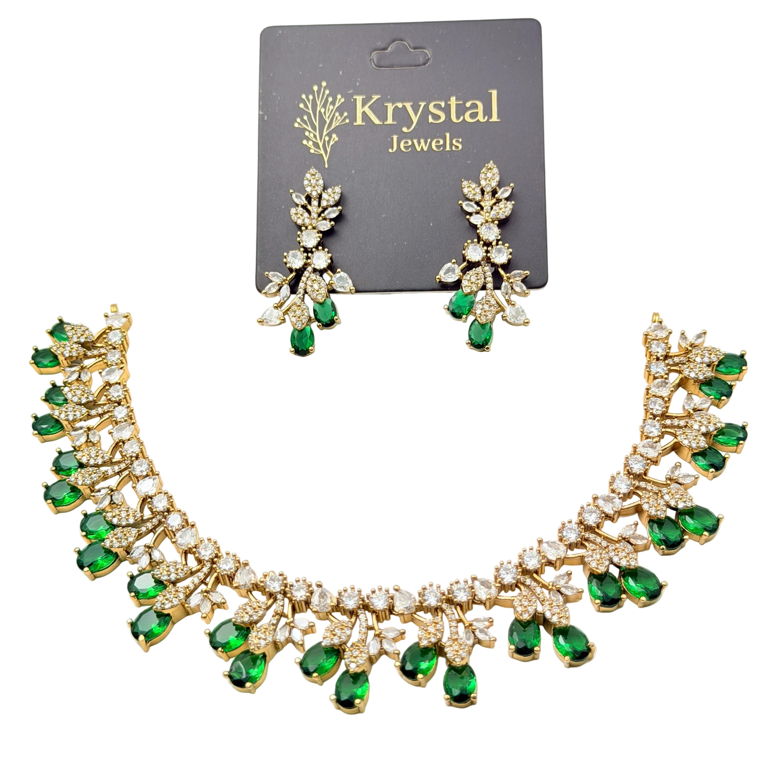 Jewelry set with necklace and earrings on a Krystal Jewels card