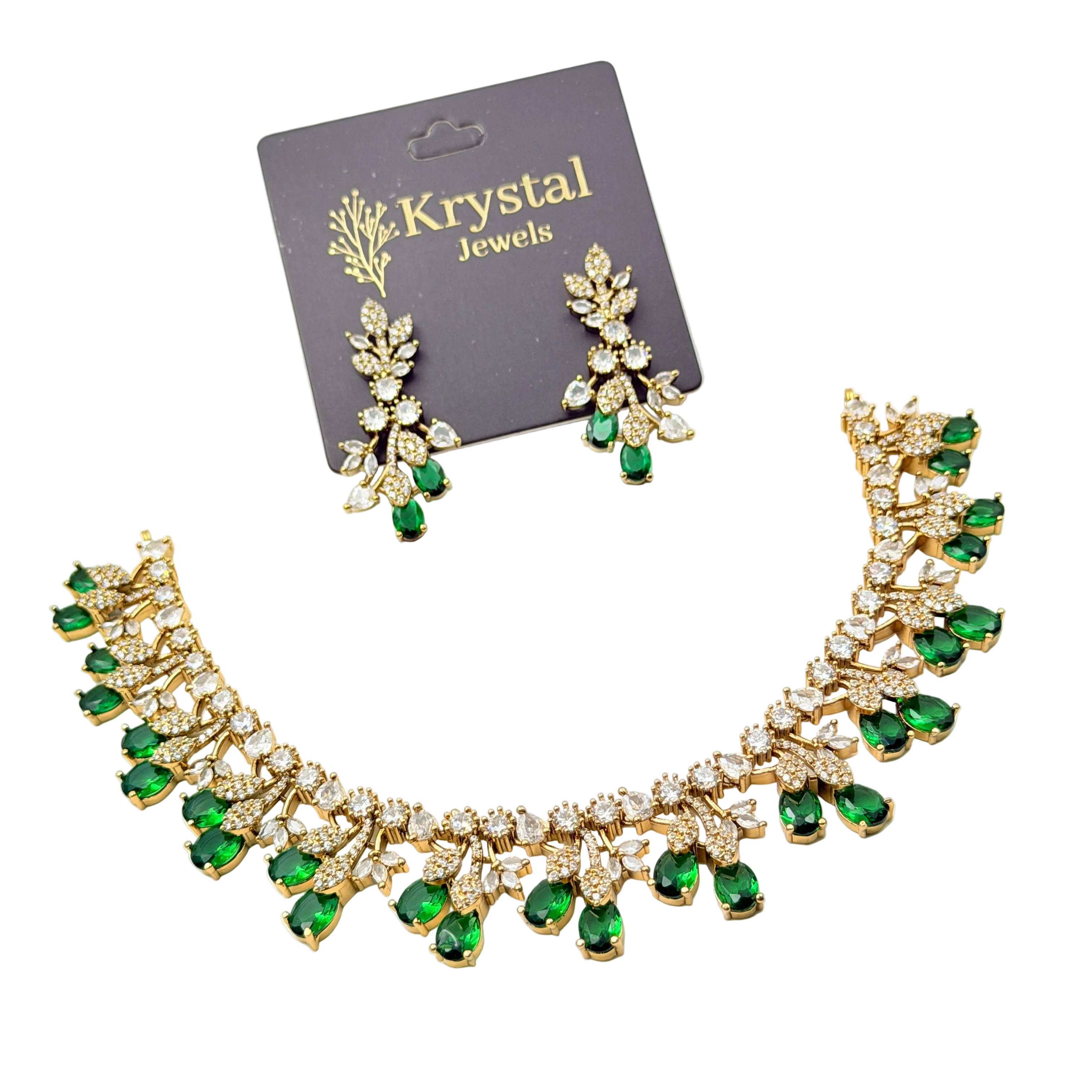 Jewelry set with necklace and earrings on a Krystal Jewels card