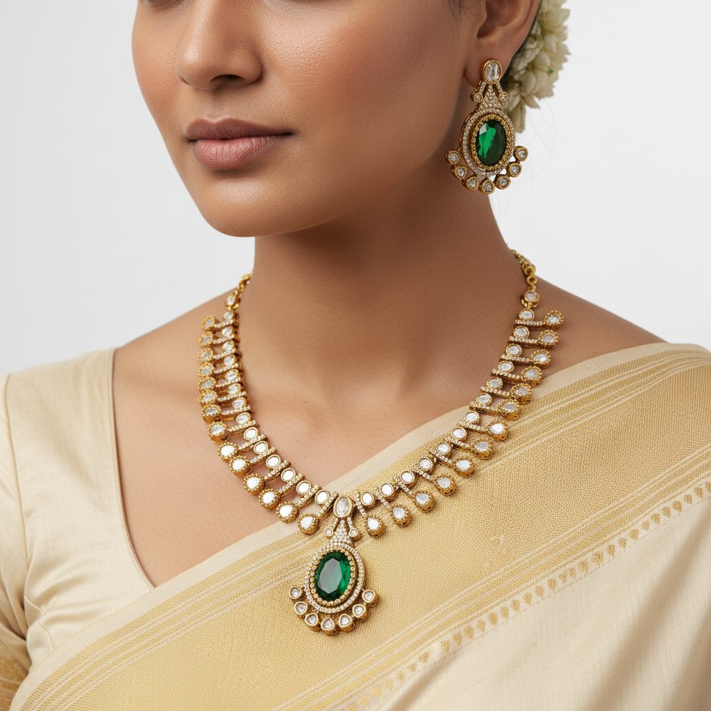 Woman wearing a gold necklace and earrings with green gemstones on a plain background