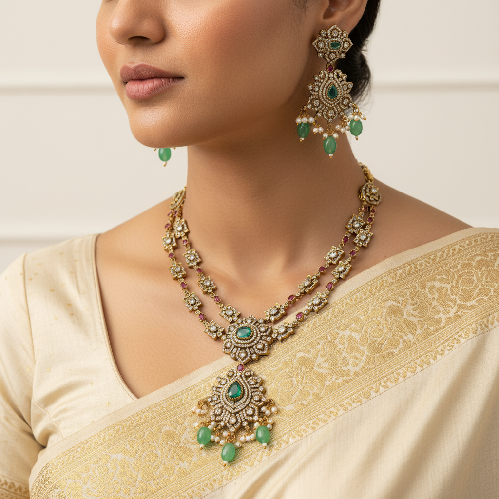 Woman wearing a traditional necklace and earrings with a beige saree.
