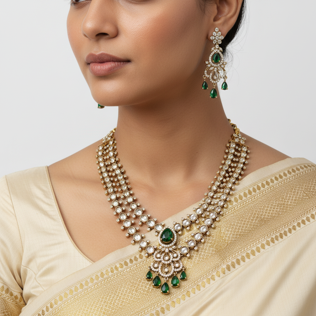 Woman wearing a gold necklace with green gemstones and matching earrings on a plain background