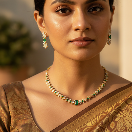 Woman wearing a gold and green necklace with earrings, set against a blurred natural background.