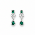 Silver-tone emerald teardrop crystal cluster earrings, flat-lay pair view