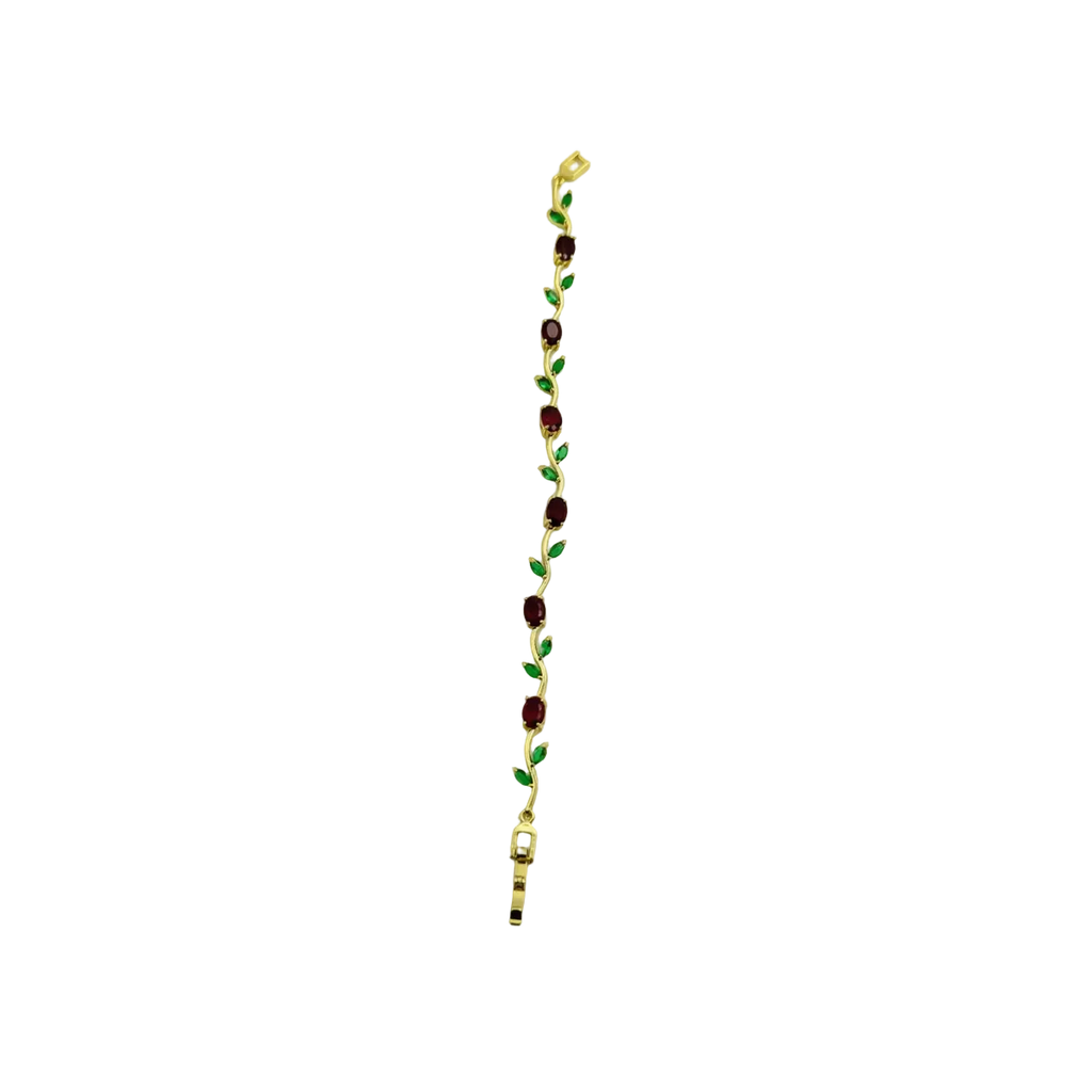 Bracelet with green and brown beads on a white background