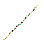 Gold bracelet with embedded red, green, and purple stones on a white background