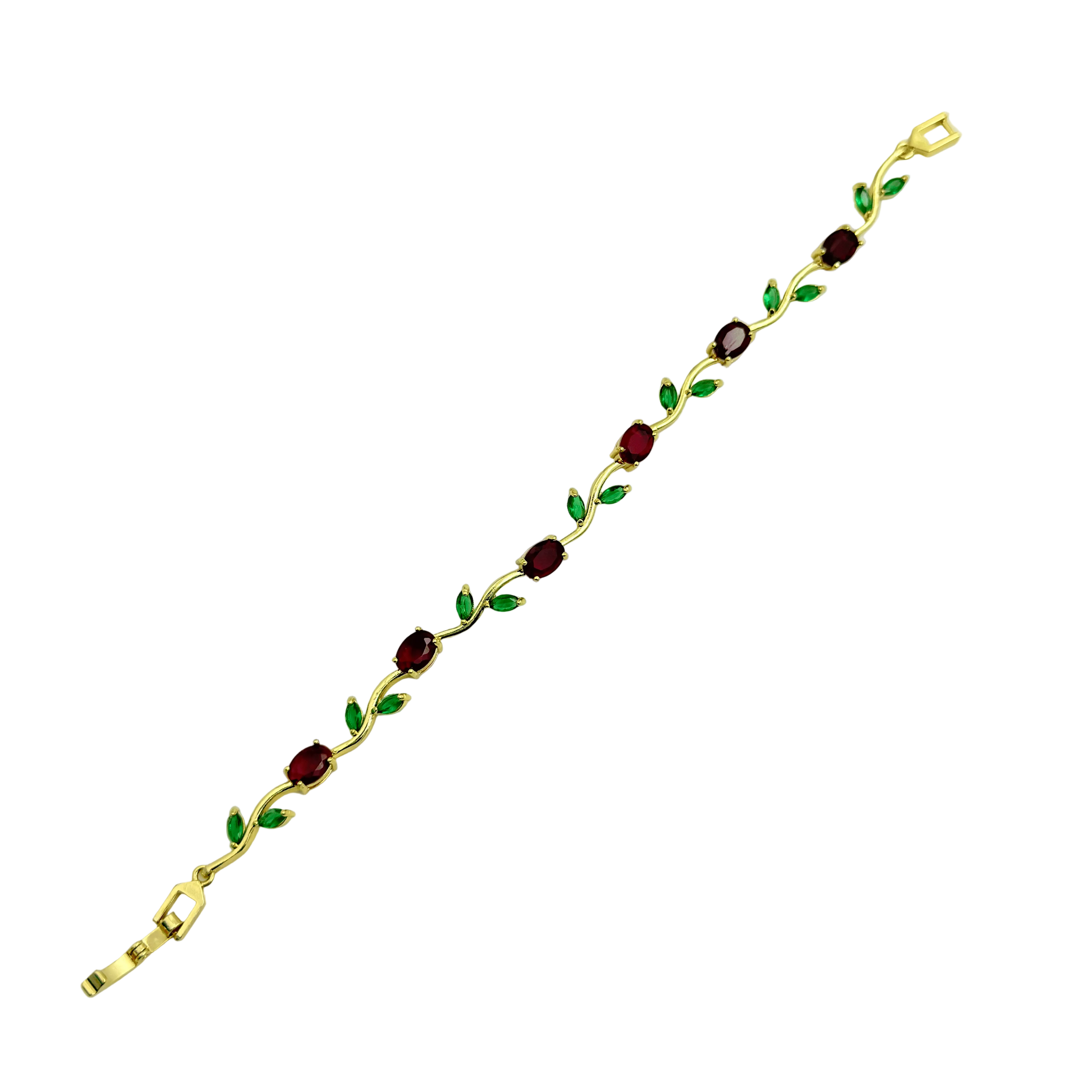 Gold bracelet with embedded red, green, and purple stones on a white background