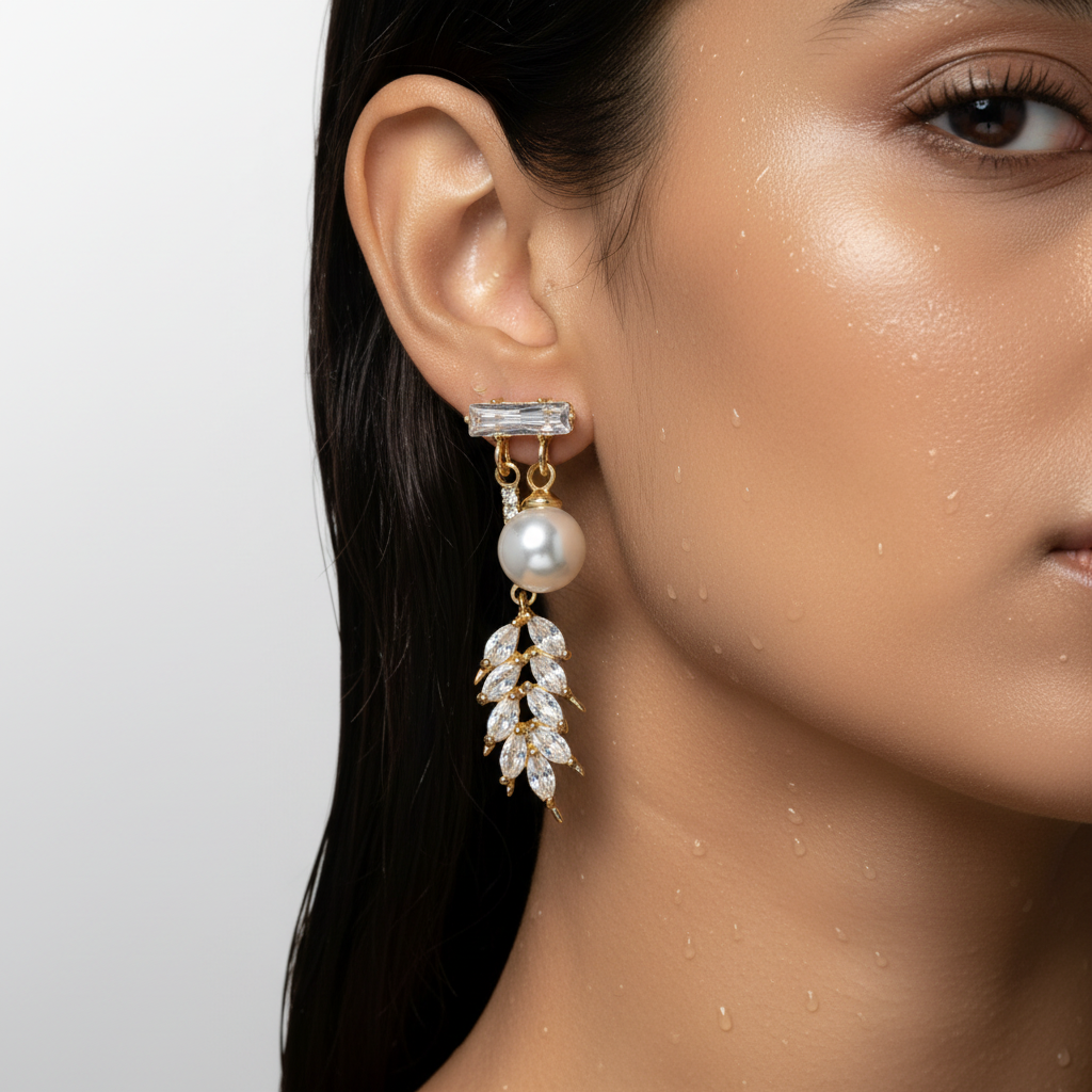 Pearl and Leaf Crystal Drop Earrings
