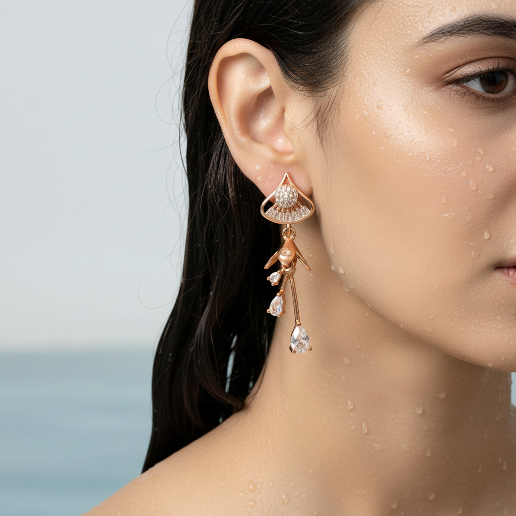 Fan Motif Crystal Tassel Drop Gold earring