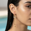 Gold Fan Motif Crystal Tassel Earrings