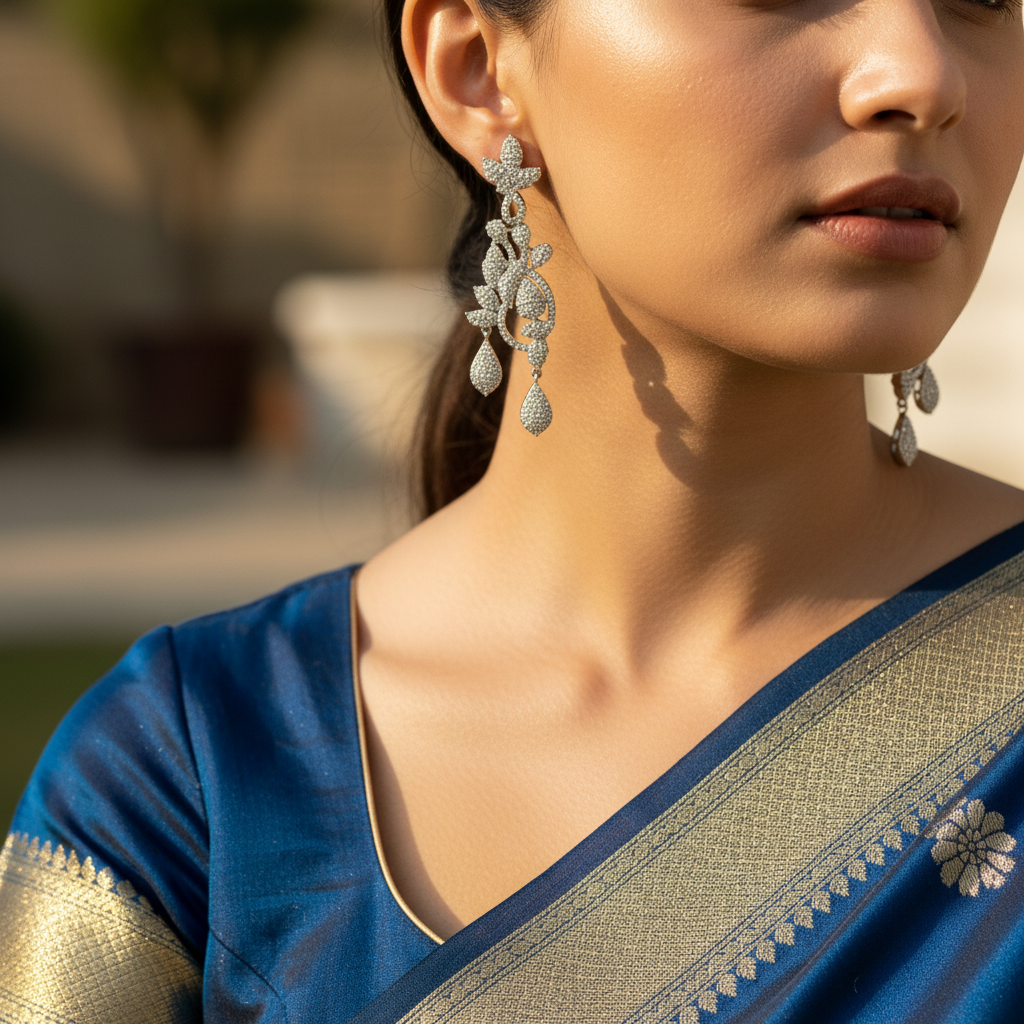 Woman wearing a blue and gold saree with intricate earrings.