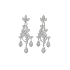 Silver-tone floral cascade crystal drop earrings with pave chandelier design, flat-lay pair