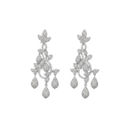 Silver-tone floral cascade crystal drop earrings with pave chandelier design, flat-lay pair