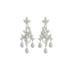 Silver-tone floral cascade crystal drop earrings with pave chandelier design, flat-lay pair