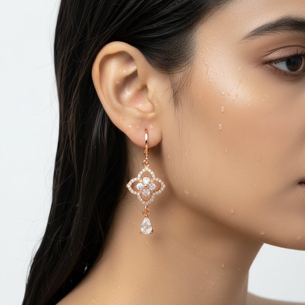 Floral Clover CZ Drop with Teardrop Charm Rose gold earring