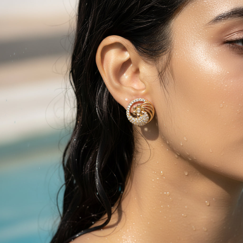 Floral Swirl CZ Statement Stud gold earring