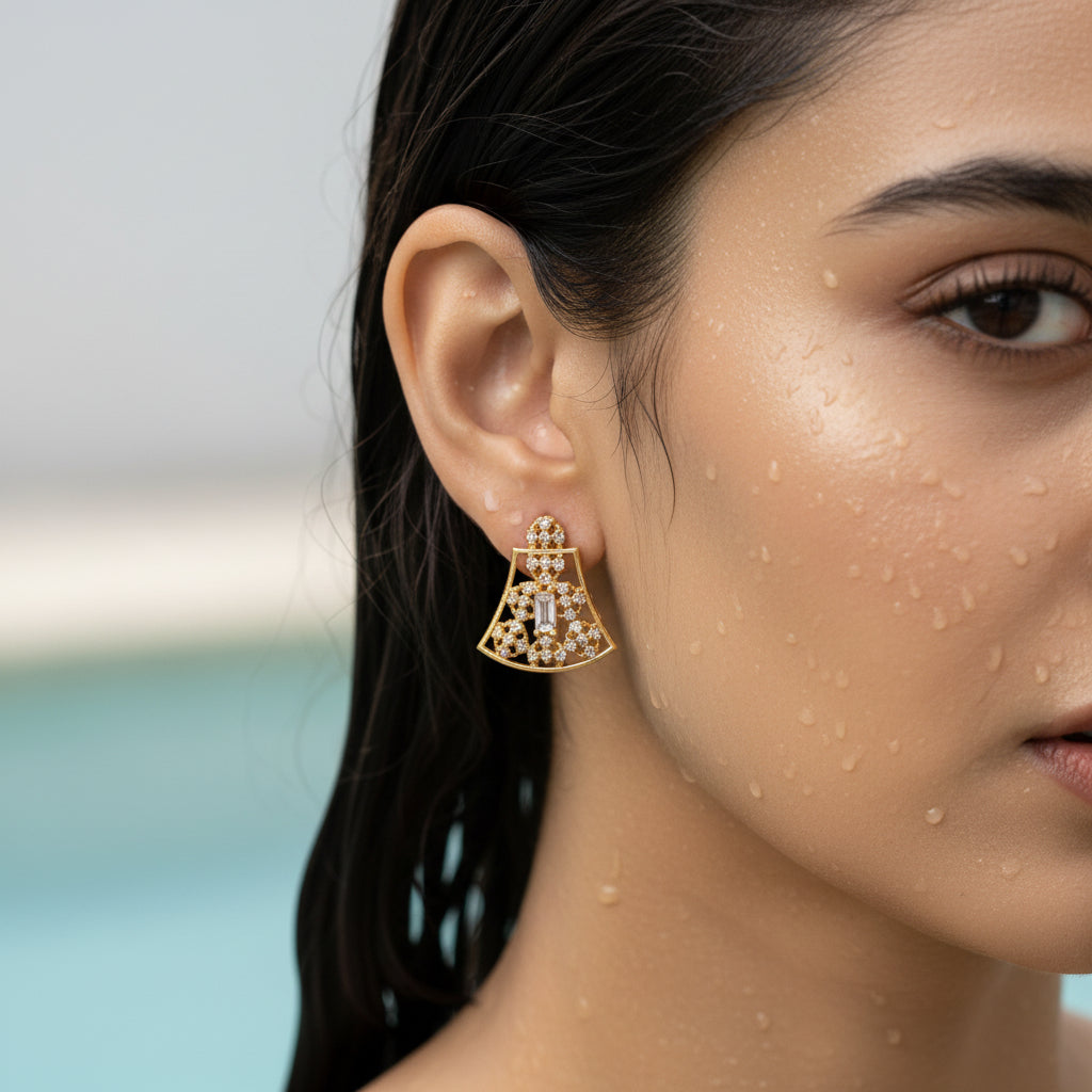 Geometric CZ Fan Stud Gold earring