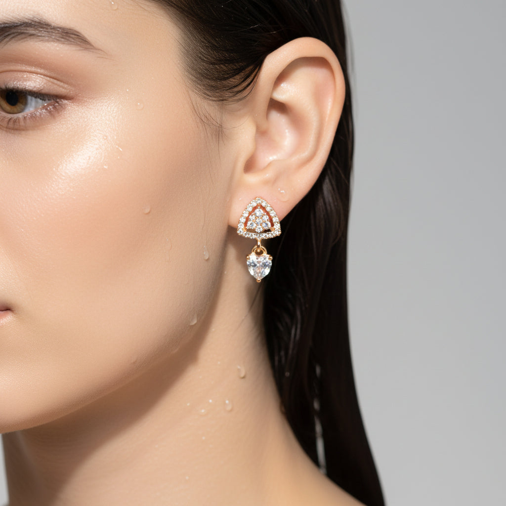rose gold triangle earring with clear stones