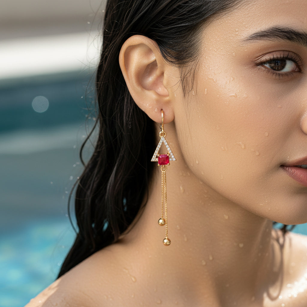 Geometric Ruby-Tone Tassel Drop Earrings Gold earrings with red stones