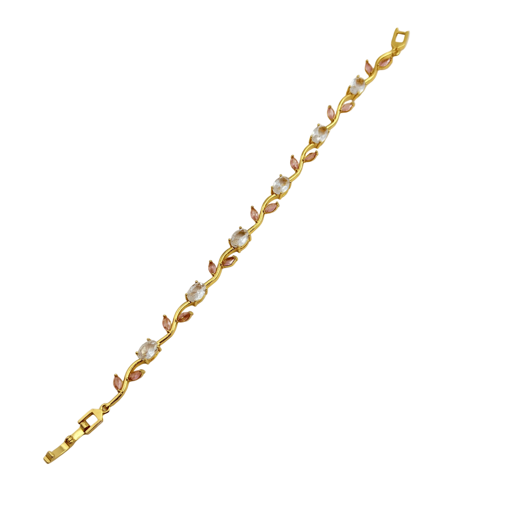 Gold bracelet with pink and white stones on a transparent background
