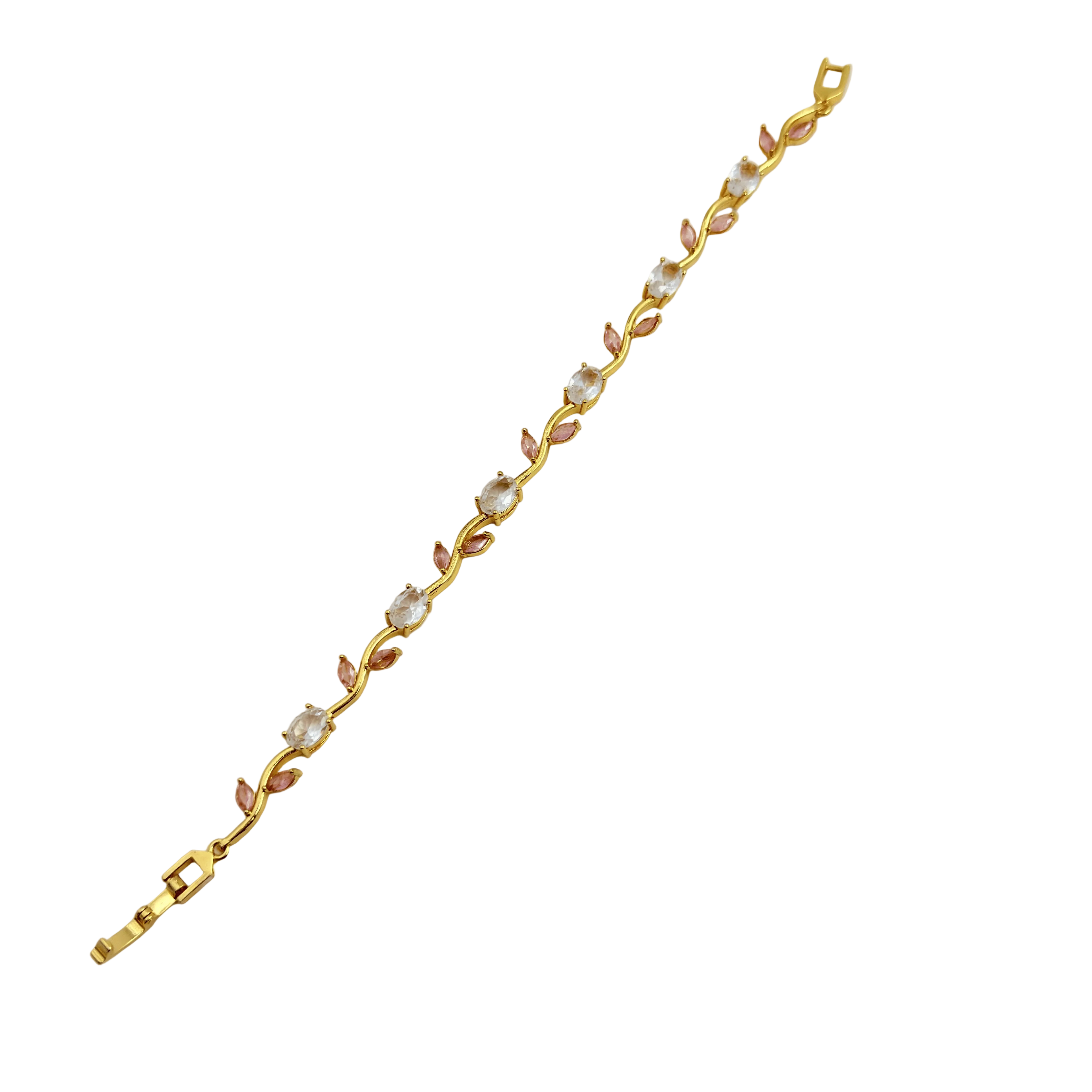 Gold bracelet with pink and white stones on a transparent background