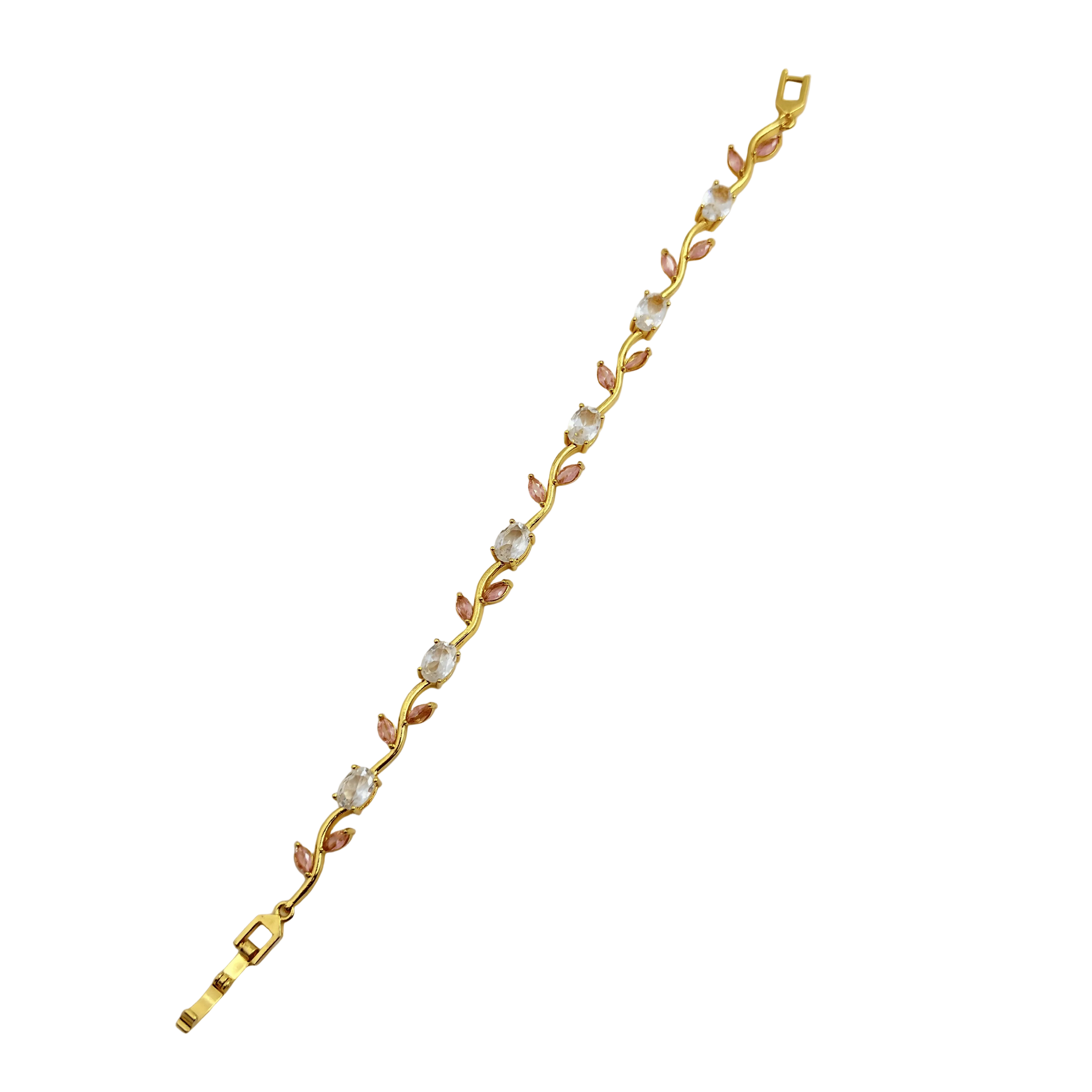 Gold bracelet with floral design on a white background