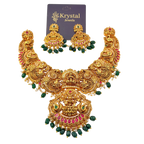 Gold necklace with green and red stones on a white background, branded as Krystal Jewels.