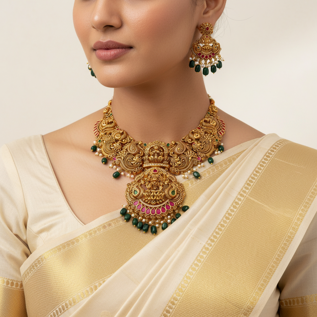 Woman wearing a traditional gold necklace and earrings with a beige saree.