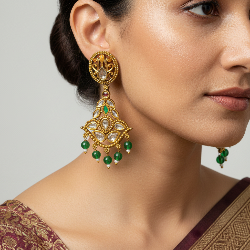 Close-up of a woman wearing gold earrings with green beads on a neutral background