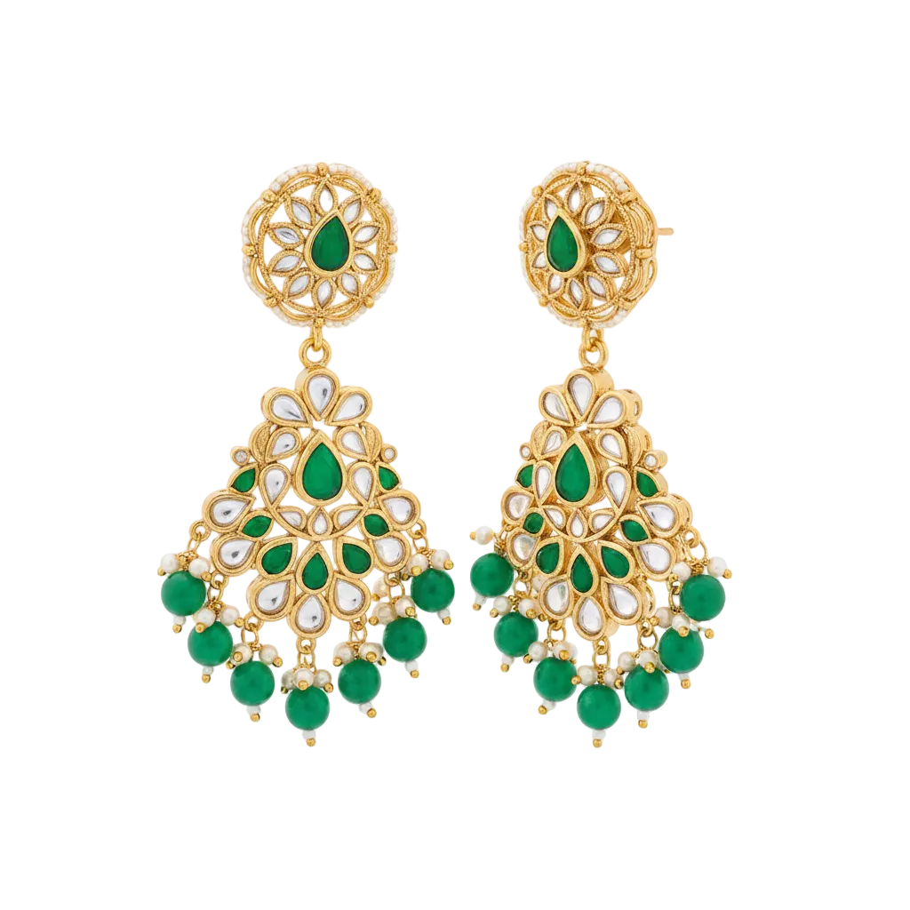Green Bead Kundan Drop Earrings