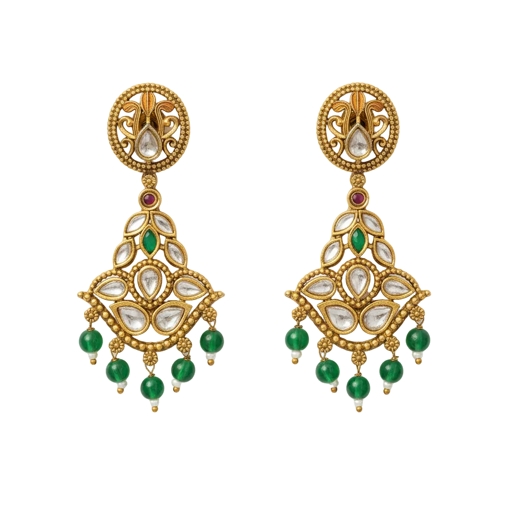 Green Bead Kundan Drop Earrings